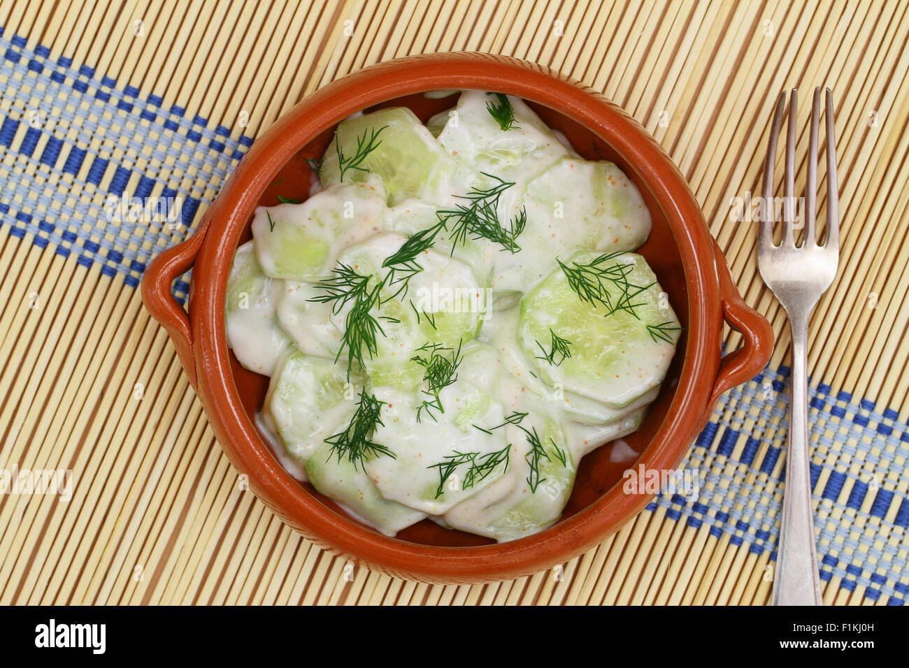 Cucumber salad with sour cream, dill and paprika Stock Photo