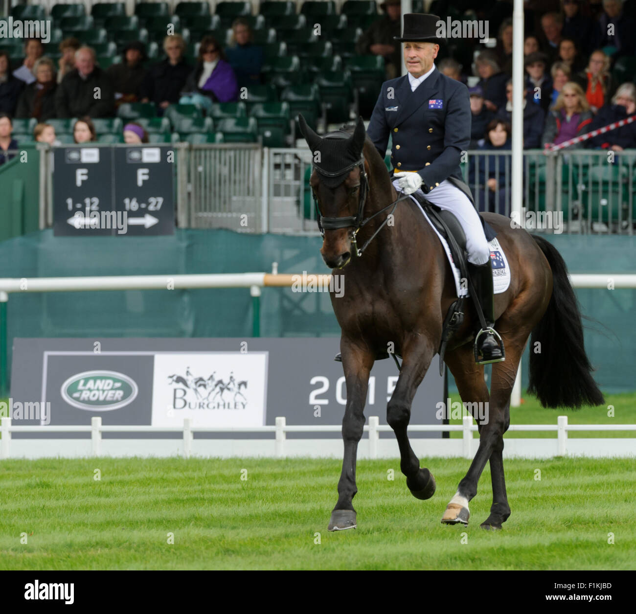 Burghley House, Stamford ,UK, 3rd Sept 2015. Andrew Hoy and RUTHERGLEN are in second place after day 1 of the dressage Phase of the Land Rover Burghley Horse Trials. Credit:  Nico Morgan/Alamy Live News Stock Photo