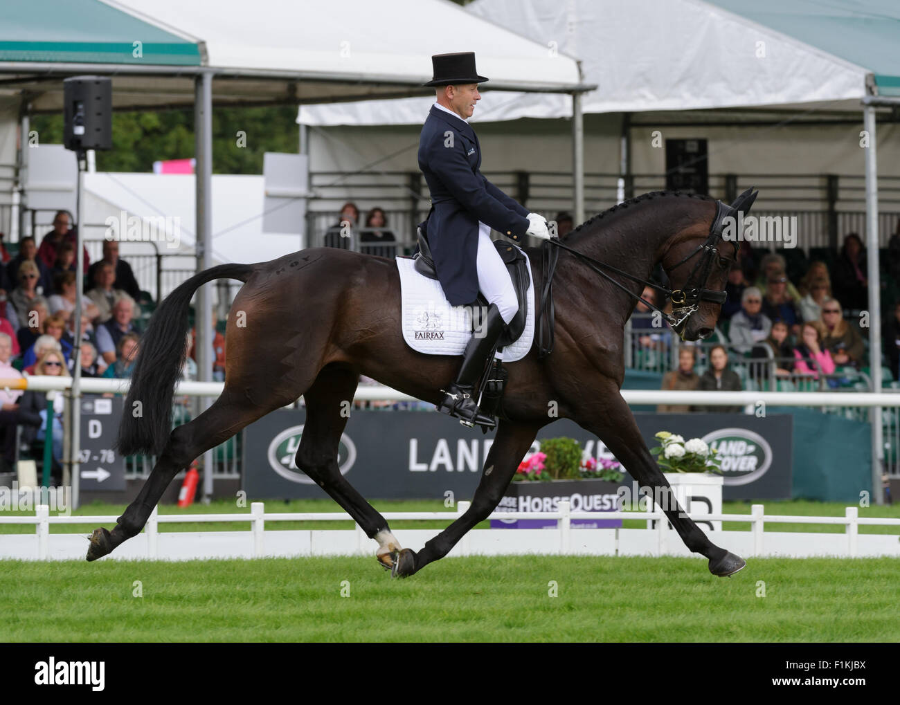 Burghley House, Stamford ,UK, 3rd Sept 2015. Andrew Hoy and RUTHERGLEN are in second place after day 1 of the dressage Phase of the Land Rover Burghley Horse Trials. Credit:  Nico Morgan/Alamy Live News Stock Photo