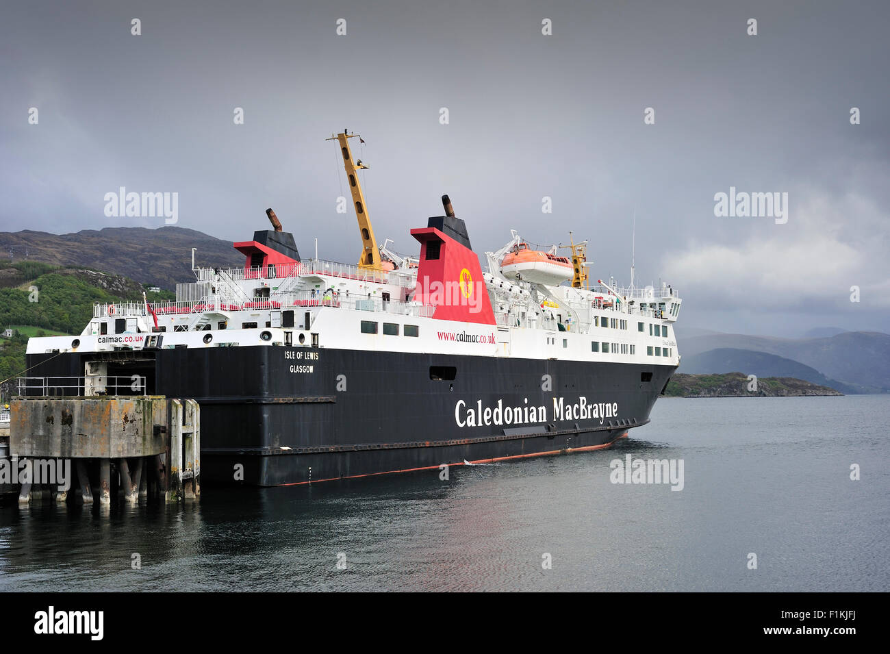 Caledonian MacBrayne ferry boat at Ullapool pier with destination Stornoway, Scottish Highlands, Scotland, UK Stock Photo