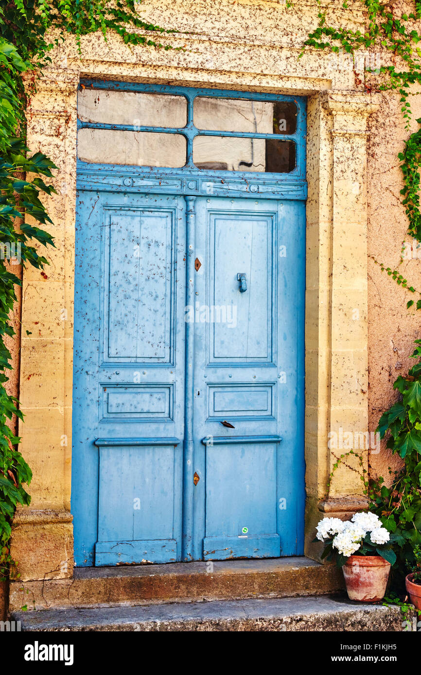 Closed Old Blue French Door In Hautefort Aquitaine Dordogne
