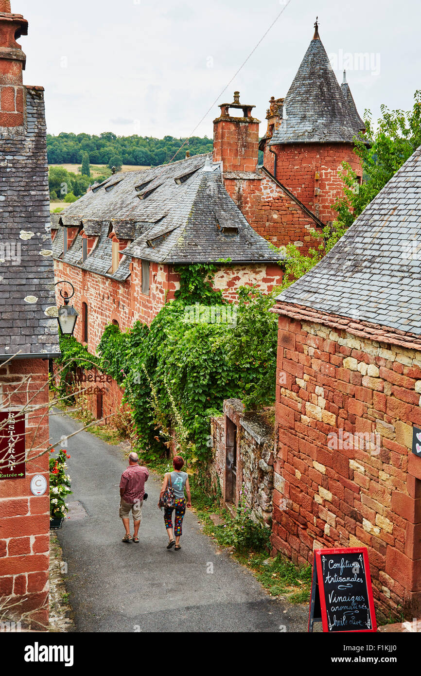 Street viewpoint of the buildings in the town of Collonges-La-Rouge, Correze, Limousin, France. Stock Photo