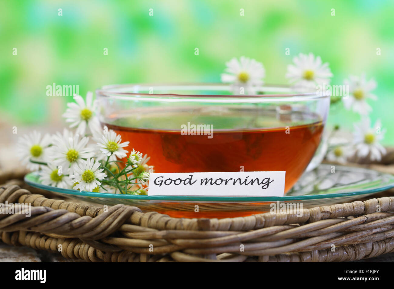Good morning card with chamomile tea with copy space Stock Photo Alamy