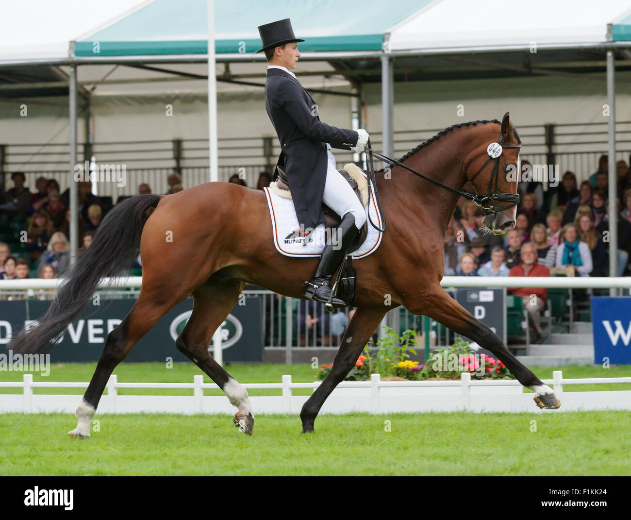 Burghley House, Stamford ,UK, 3rd Sept 2015. Nicklas Bschorer and TOM TOM GO 3 are in third place after day 1 of the dressage Phase of the Land Rover Burghley Horse Trials. Credit:  Nico Morgan/Alamy Live News Stock Photo