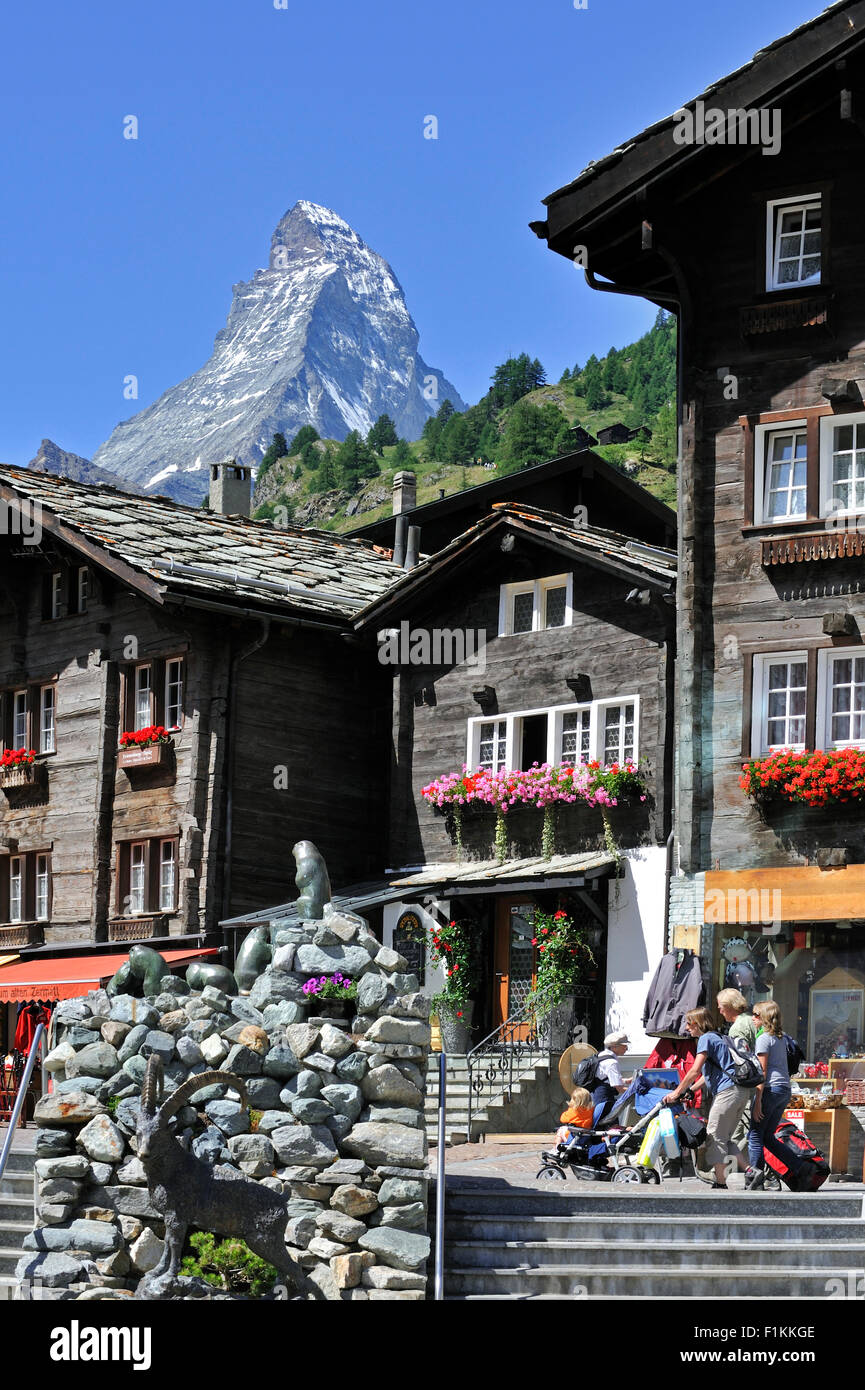 View over the Matterhorn mountain from Zermatt in the Swiss Alps, Valais / Wallis, Switzerland Stock Photo