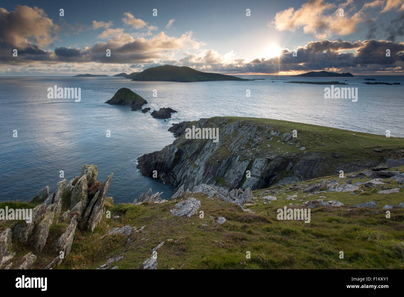 Blasket Islands at sunset from Dunmore Head, Dingle Peninsula, County Kerry, Republic of Ireland Stock Photo