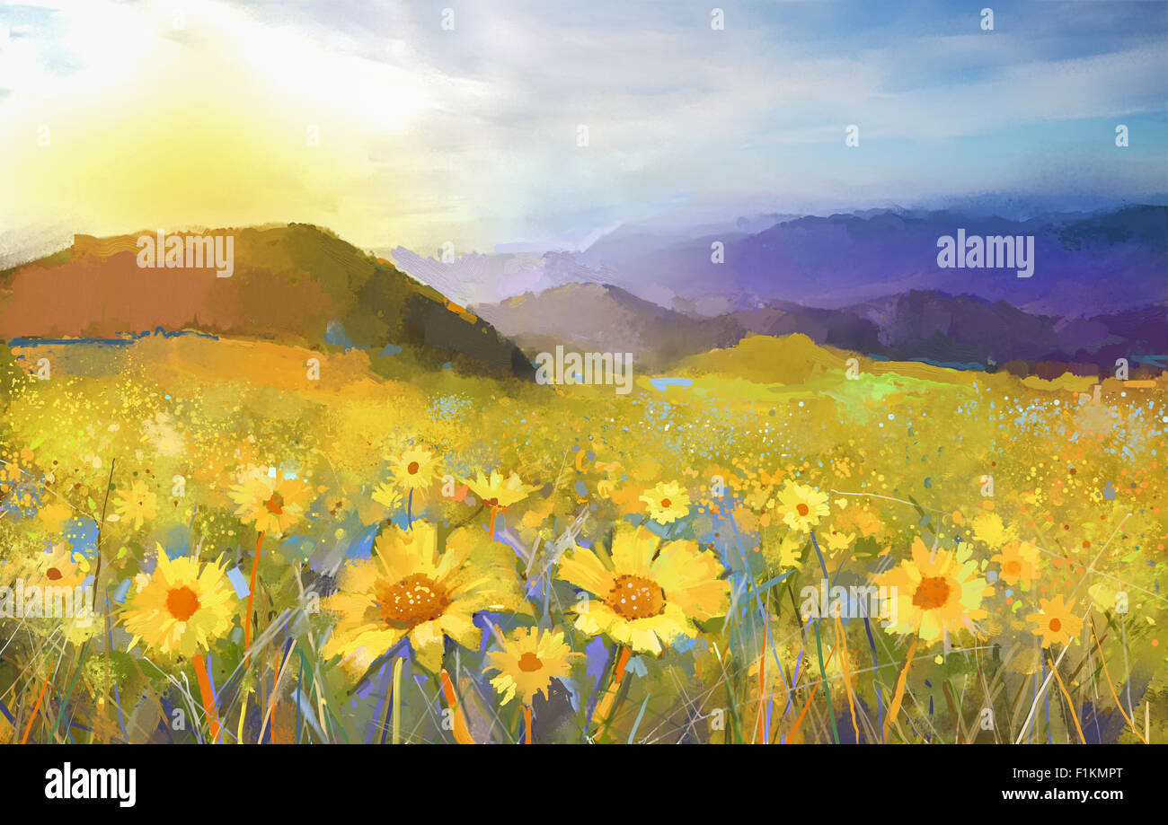 Oil painting of a rural sunset landscape with a golden daisy field. Daisy flower blossom in meadow Stock Photo
