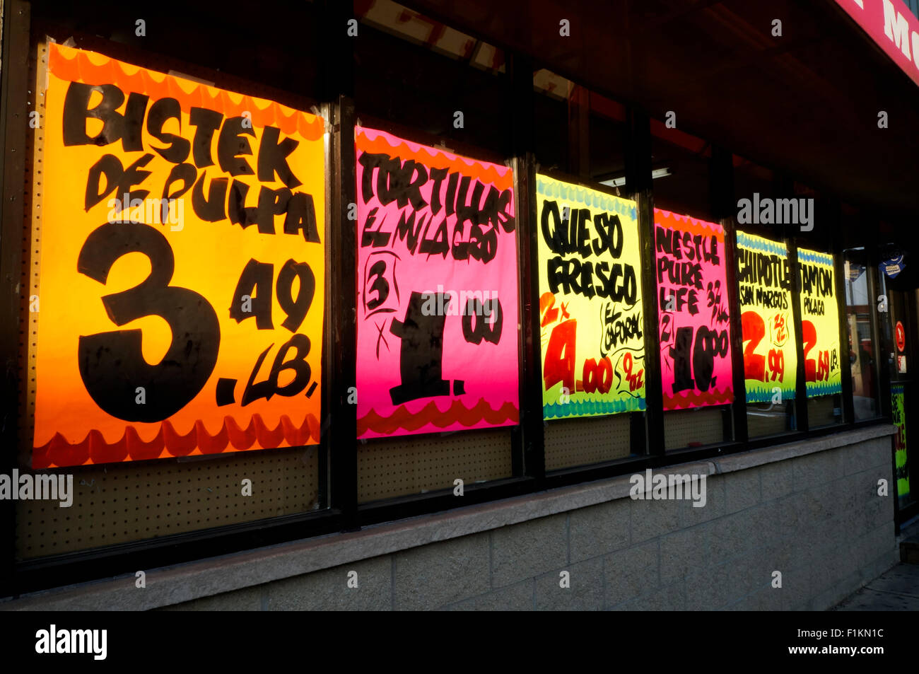 Spanish signs in grocery store in the Rogers Park neighborhood of