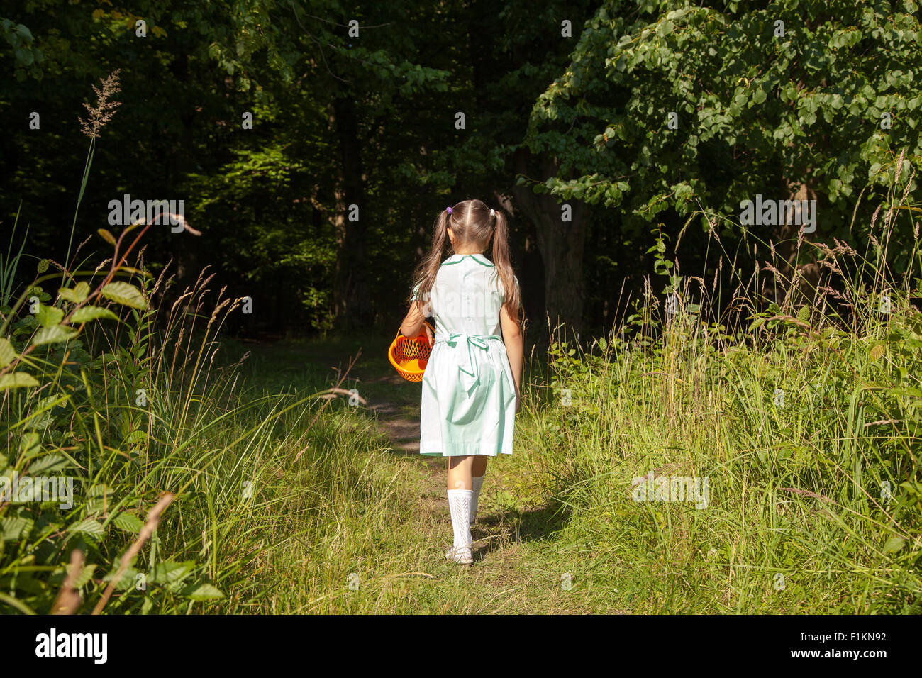 little girl in green dress goes to the forest Stock Photo - Alamy