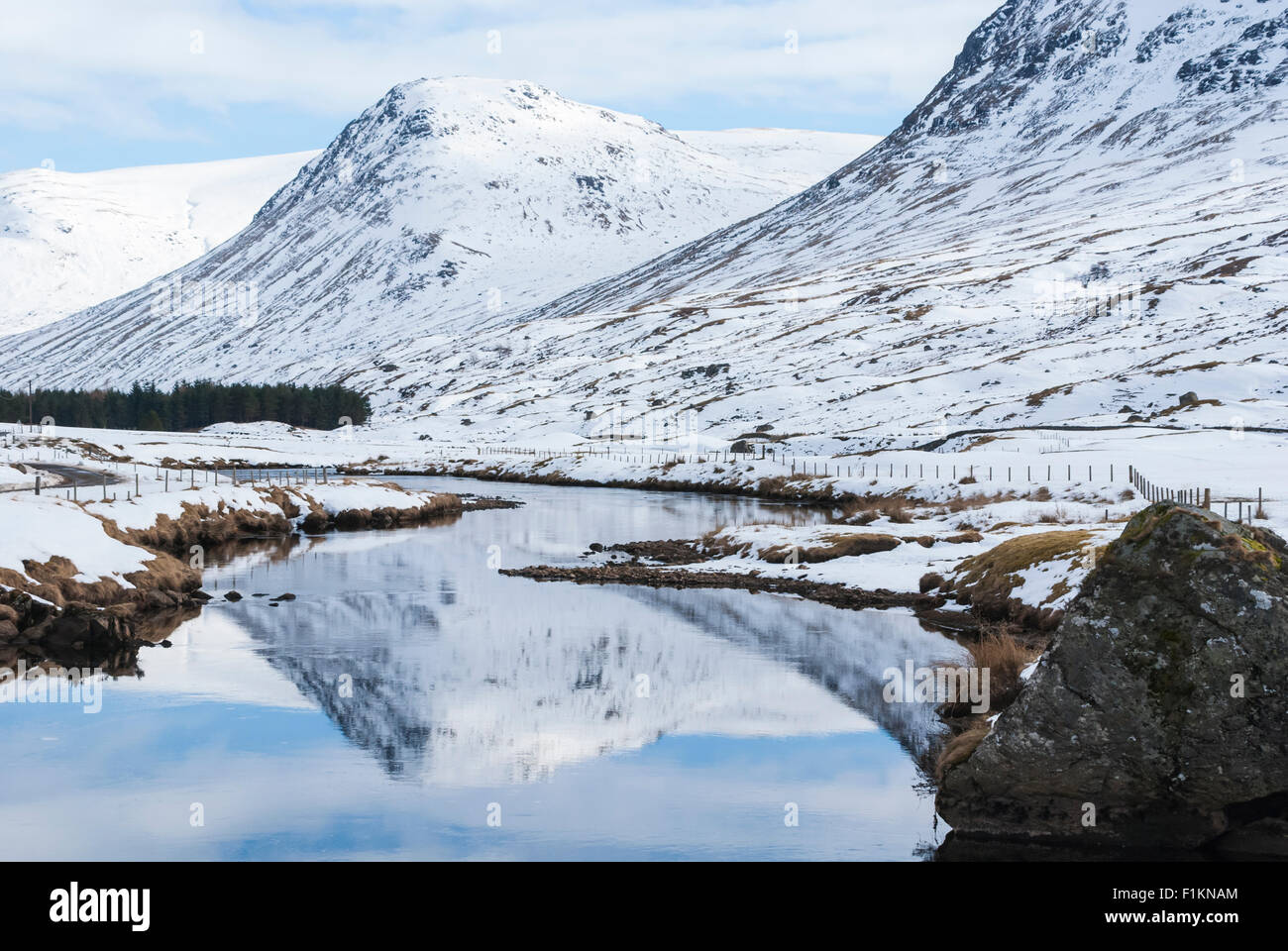 The River Lyon and surrounding mountains in Glen Lyon Scotland in the still of winter, Scotland. Stock Photo