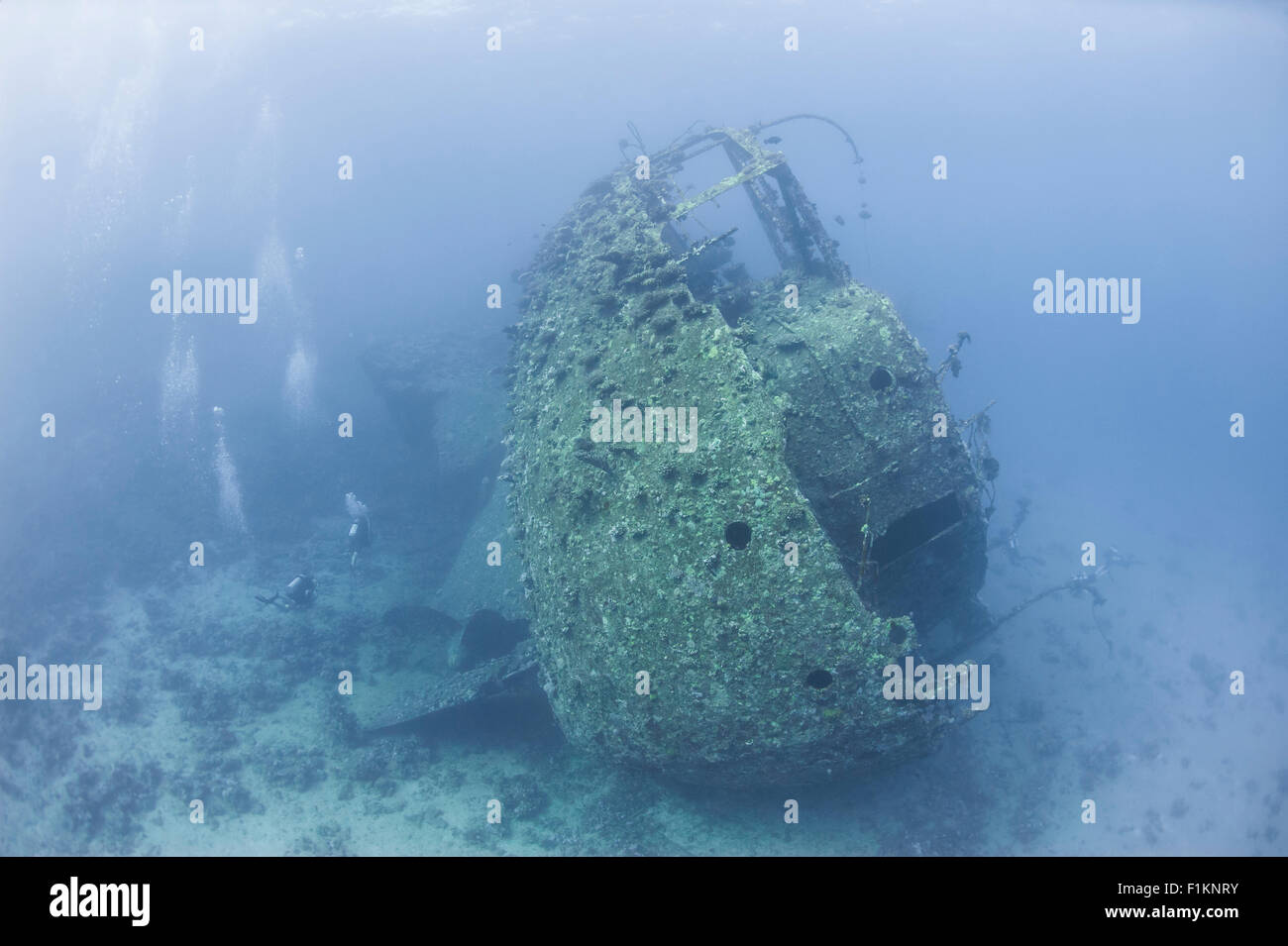 Scuba divers exploring the stern section of a large underwater shipwreck Stock Photo