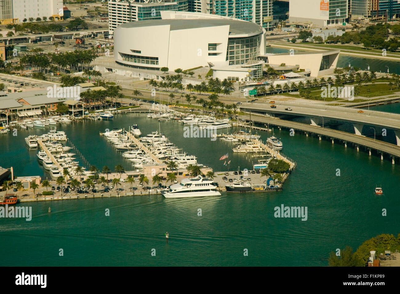 Aerial view of American Airlines Arena at the waterfront, Miami, Miami-Dade County, Florida, USA Stock Photo