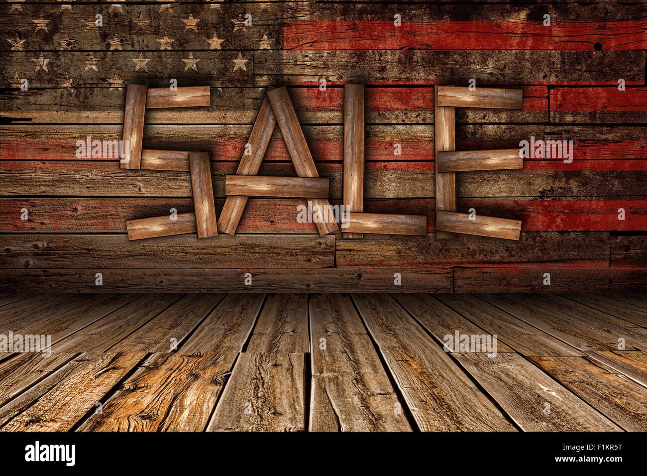 Wooden Sale on Wood Wall with American Flag Overlay. American Countryside Store Sale Concept. Stock Photo