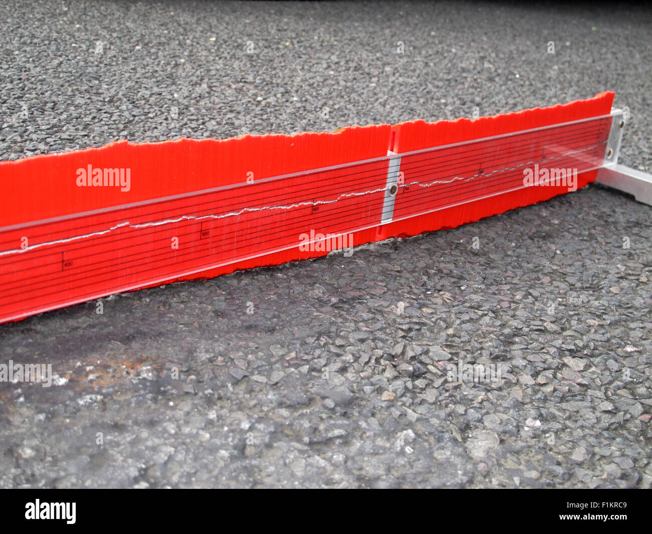 Road profiling gauge, contours, road surface sunken, subsidence  measure, across all planes centres, contour gauge, graduation levels, tarmac, profile Stock Photo