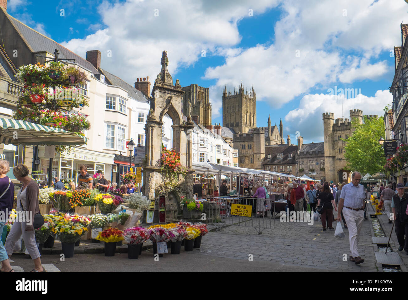 Wells a small cathedral City in Somerset England UK  Market day is Wednesday. Stock Photo