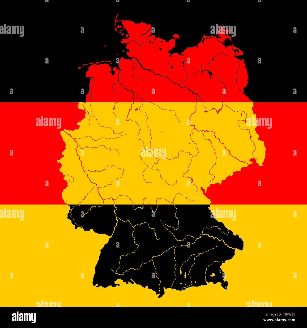 Map of Germany with rivers on the German flag. Stock Photo