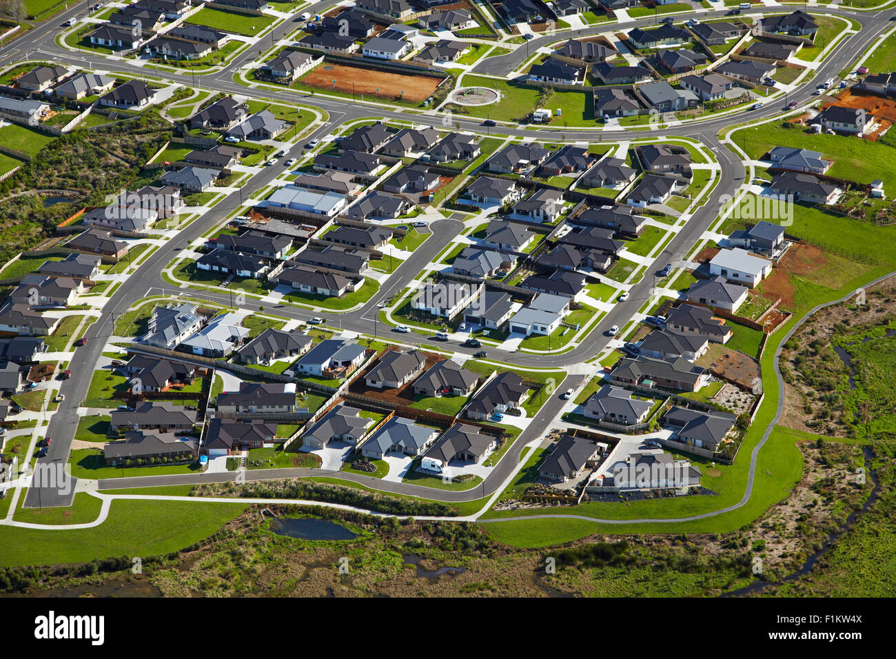 New housing development, Pokeno, South Auckland, North Island, New Zealand - aerial Stock Photo