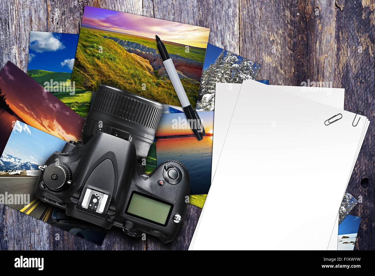 Photographer Desk Illustration with Digital Camera, Photo Prints and