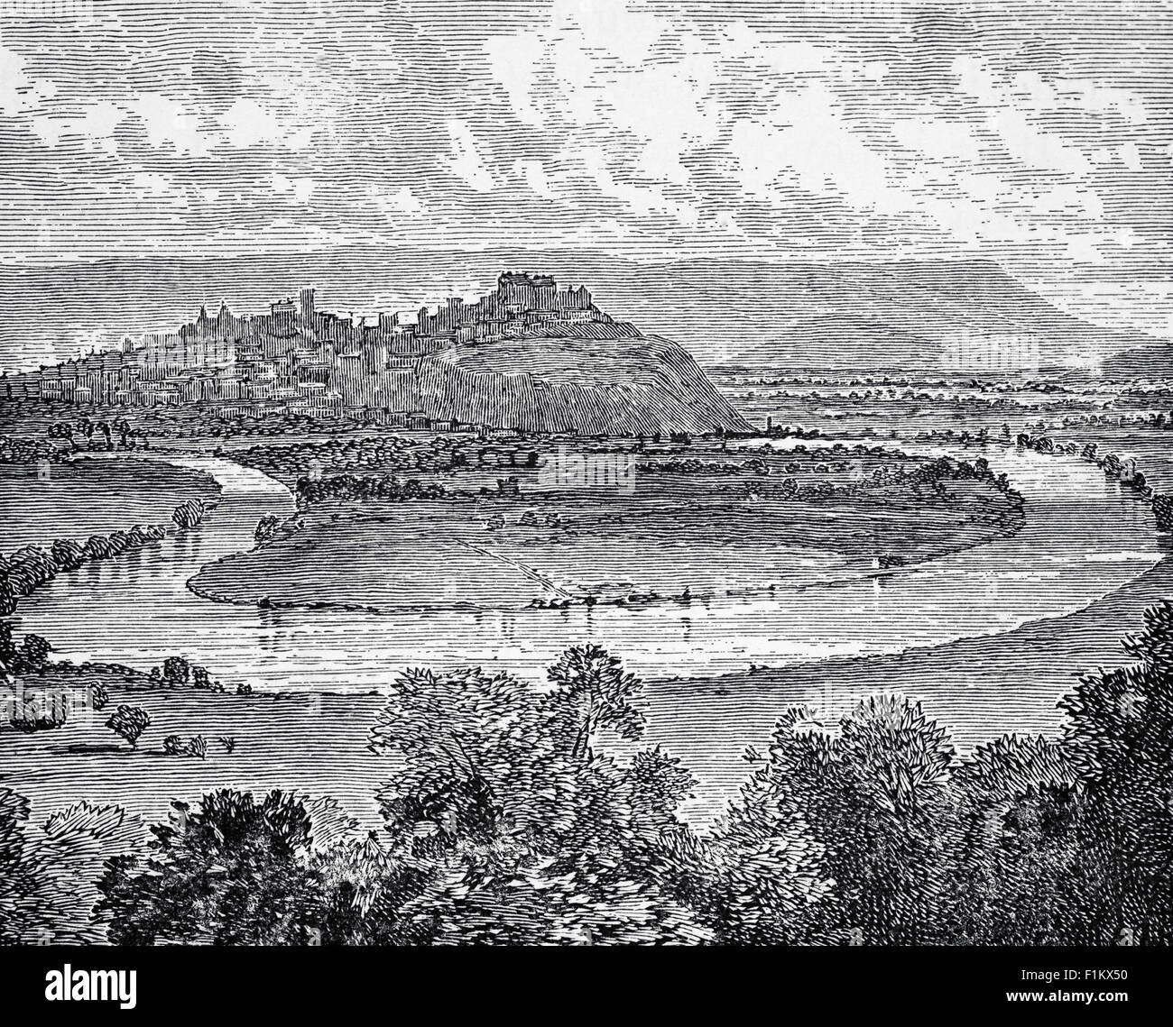 19th Century view of  Stirling, a city in central Scotland. The market town, surrounded by rich farmland, grew up connecting the royal citadel, the medieval old town with its merchants and tradesmen. The Old Bridge and the port located on the River Forth, made it strategically important as the 'Gateway to the Highlands'. Stock Photo