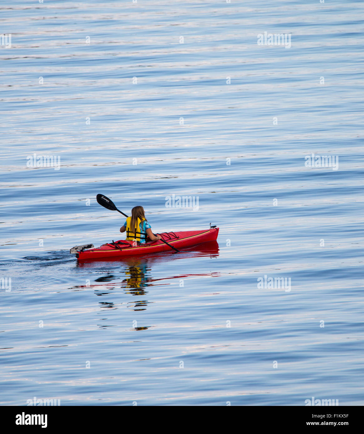 Woman paddling red kayak near Hope Island Marine State Park, Puget Sound, State of Washington. USA Stock Photo
