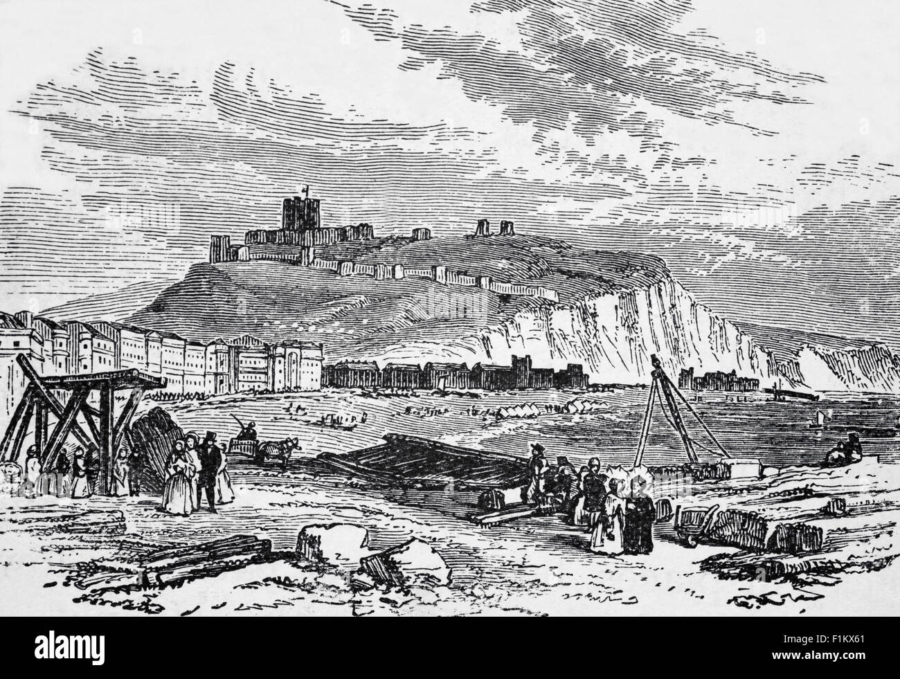 A 19th Century view of Dover, a town and major ferry port in Kent, South East England. It faces France across the Strait of Dover, the narrowest part of the English Channel at 21 miles from Cap Gris Nez in France. The surrounding chalk cliffs are known as the White Cliffs of Dover. Stock Photo
