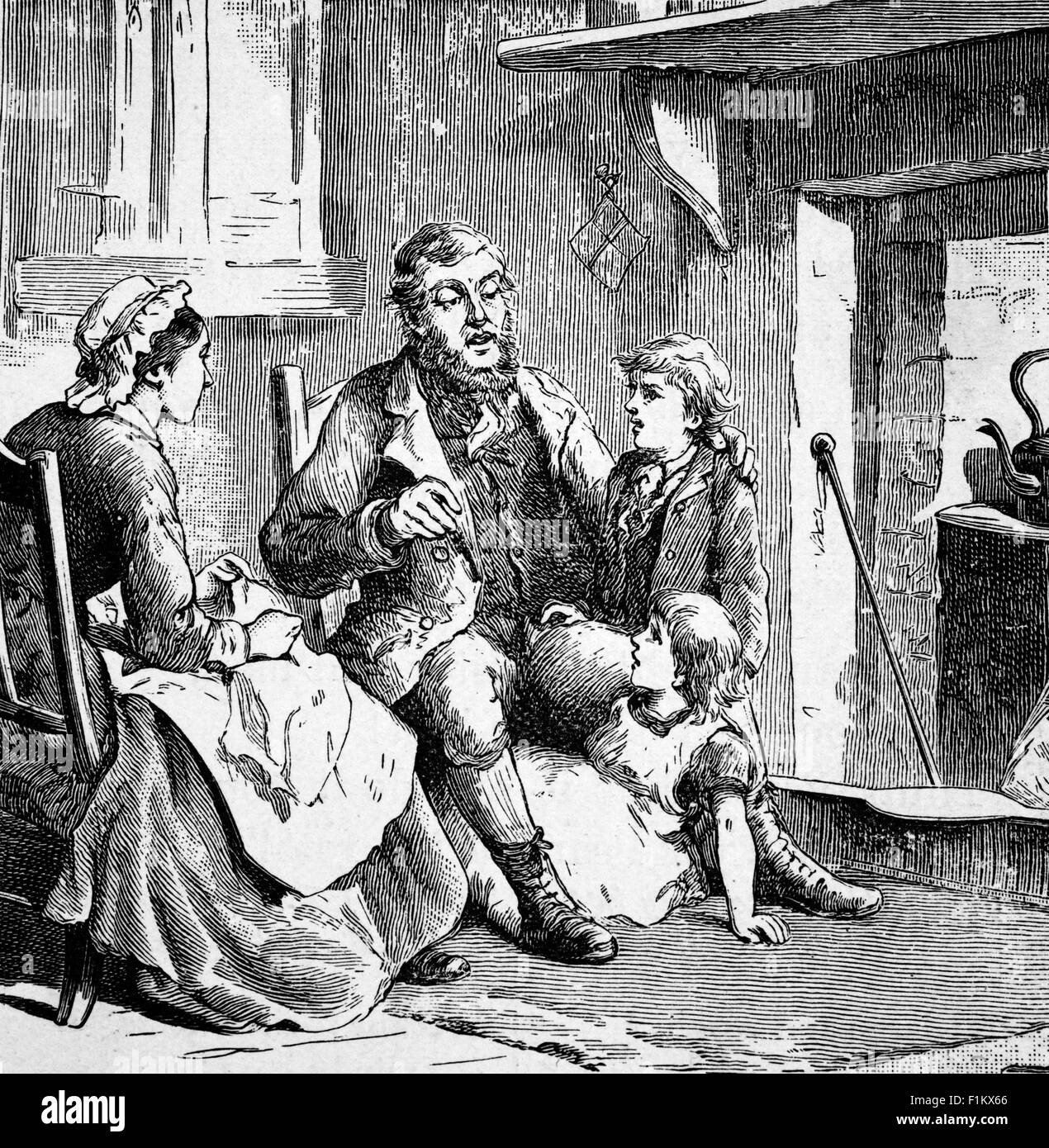 An English  19th Century  family by the fireside. The family look well dressed, so it's likely that father is a craftsman or artisan and are of the lower middle class status. Stock Photo