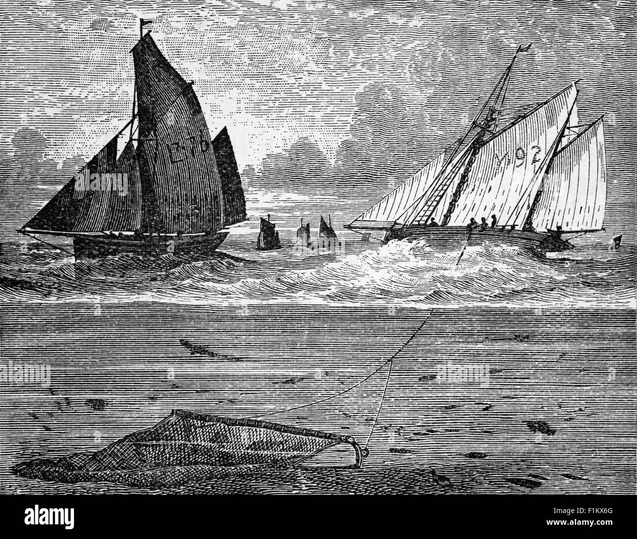 A 19th Century undersea view of a fishing boat, part of an English fleet of fishing smacks trawling a sandbank. Stock Photo