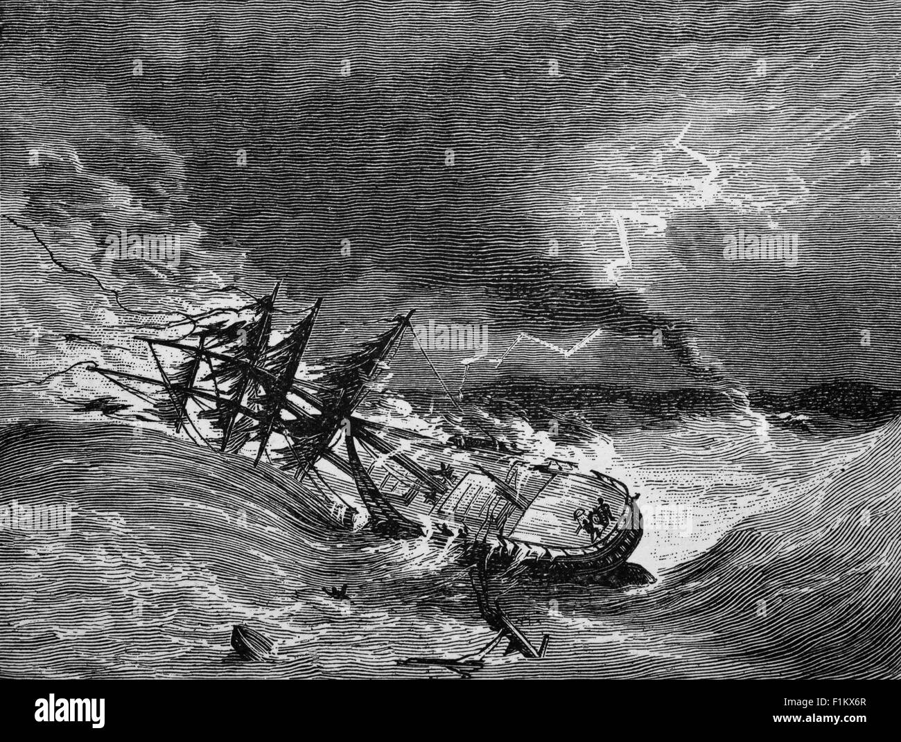 A 19th Century sailing ship in distress, from high storm waves in the Atlantic Ocean Stock Photo