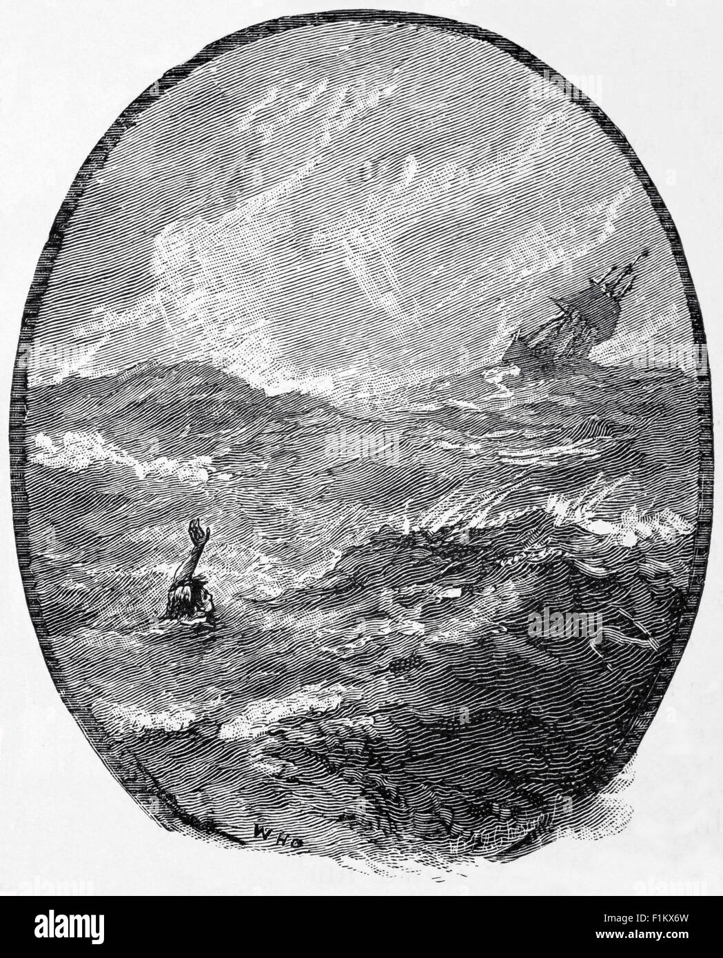 19th century drama at sea with a man overboard from a sailing ship during a storm in the Atlantic Ocean Stock Photo