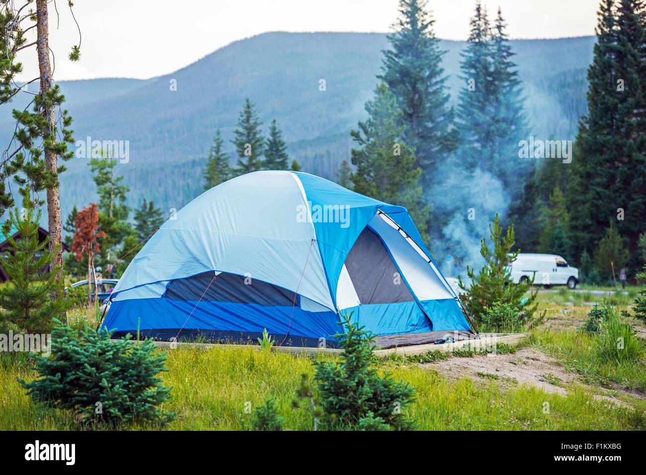 Camping Tent in Colorado. Blue Tent Campground. Stock Photo