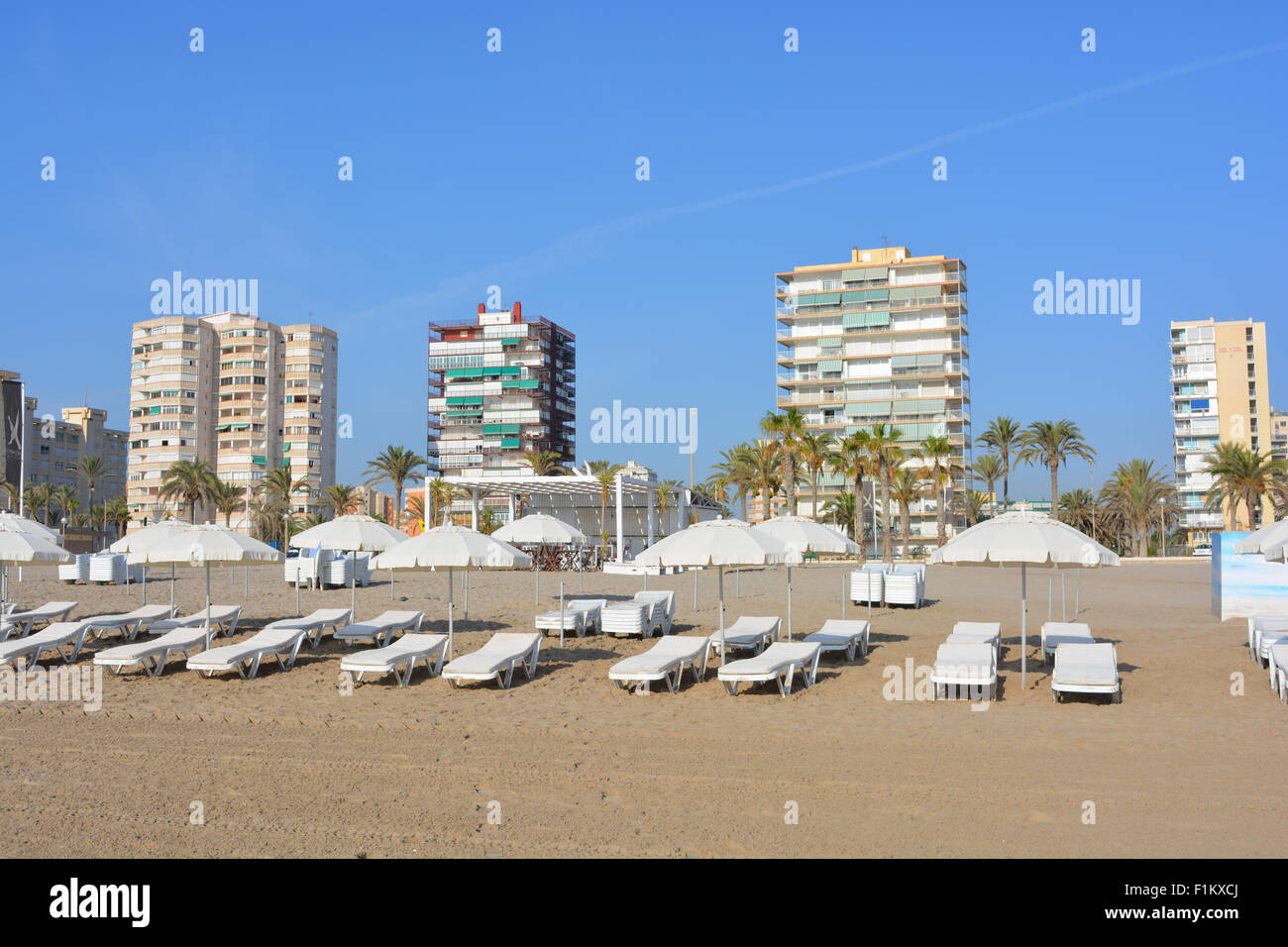 Sun beds on the beach with apartments at San Juan Playa, San Juan