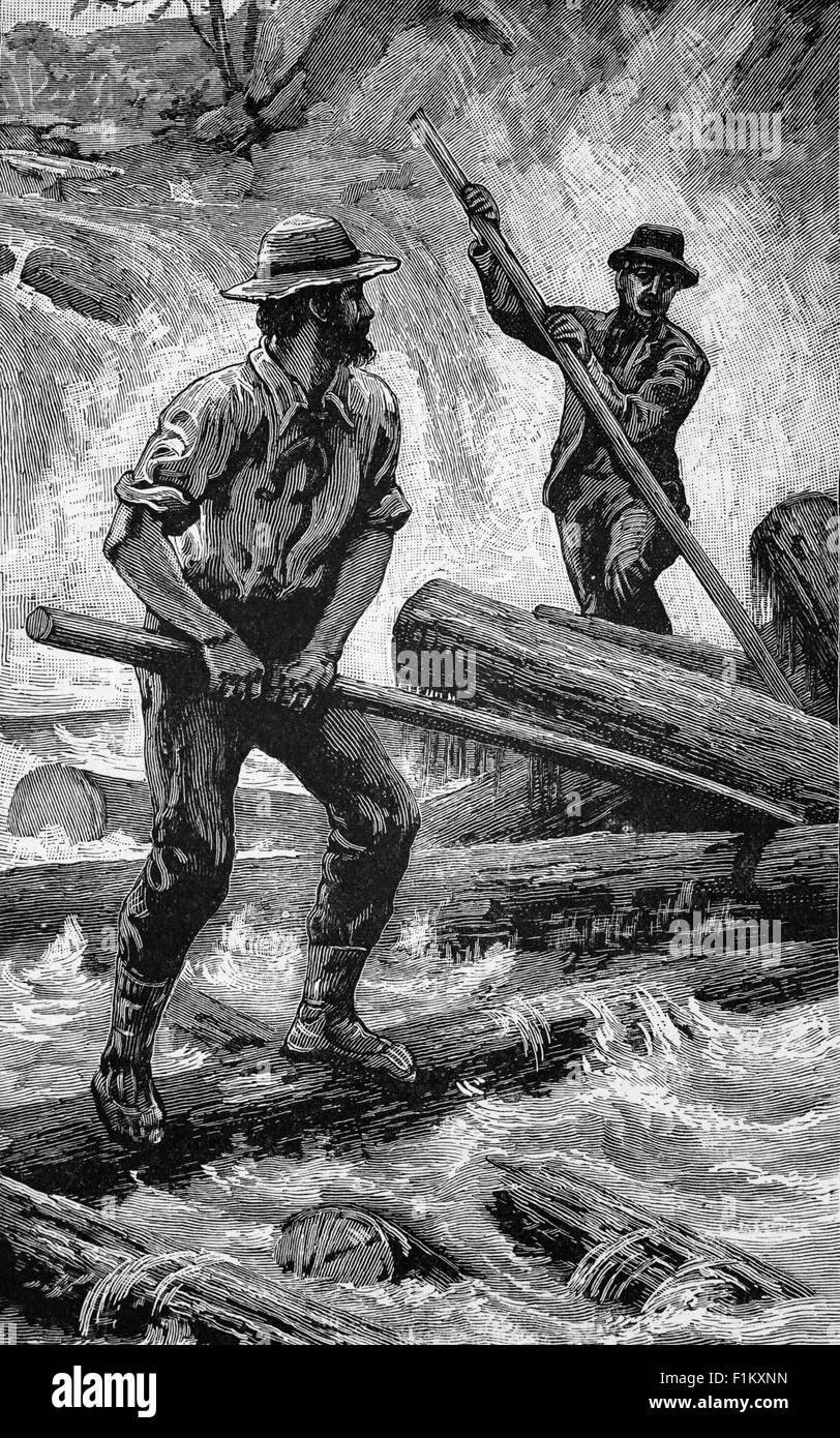 A 19th Century illustration of Canadian loggers clearing a river jam. The Canadian forestry industry is a major contributor to the Canadian economy. With 42 percent of the land acreage of Canada covered by forests, the country contains 10 percent of the world's forested land, made up mostly of spruce, poplar and pine. Stock Photo