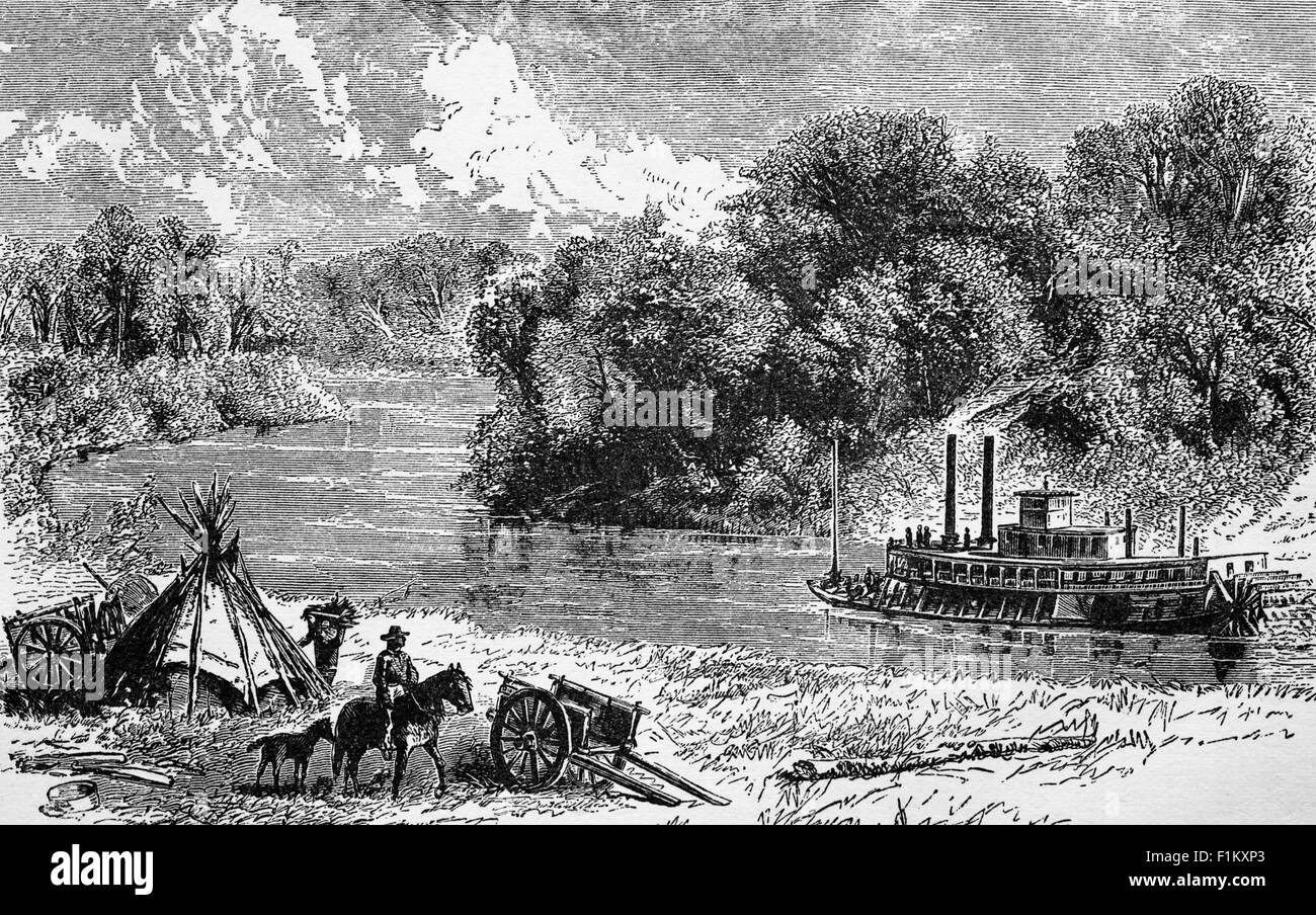 A 19th Century Paddle Steamer on the Red River, Manitoba, Canada. The river was a key trade route for the company, and contributed to the settlement of British North America. The river was long used by fur traders, including the British, French and the Native American Métis people. The Red River Trails, nineteenth-century oxcart trails developed originally by the Métis, supported the fur trade and settlements. Stock Photo