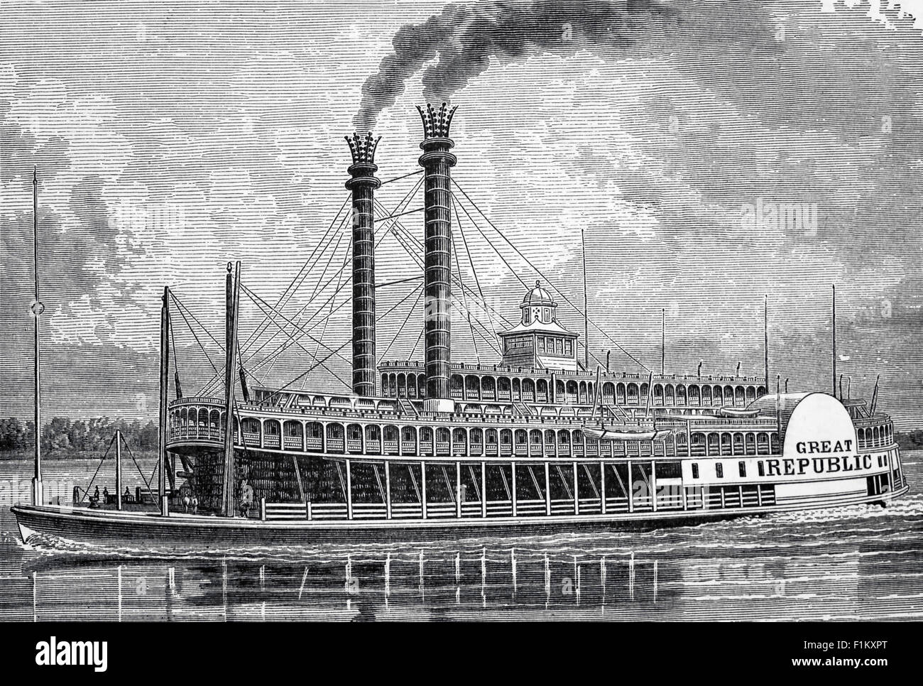 A late 19th Century illustration of  "The Great Republic"  Paddle Steamer on the Mississippi River, St Louis, Missouri, USA. Steamboats played a major role in the  development of the Mississippi River and its tributaries by allowing the practical large-scale transport of passengers and freight both up- and down-river. This was achieved because they could navigate in shallow waters as well as upriver against strong currents. Stock Photo