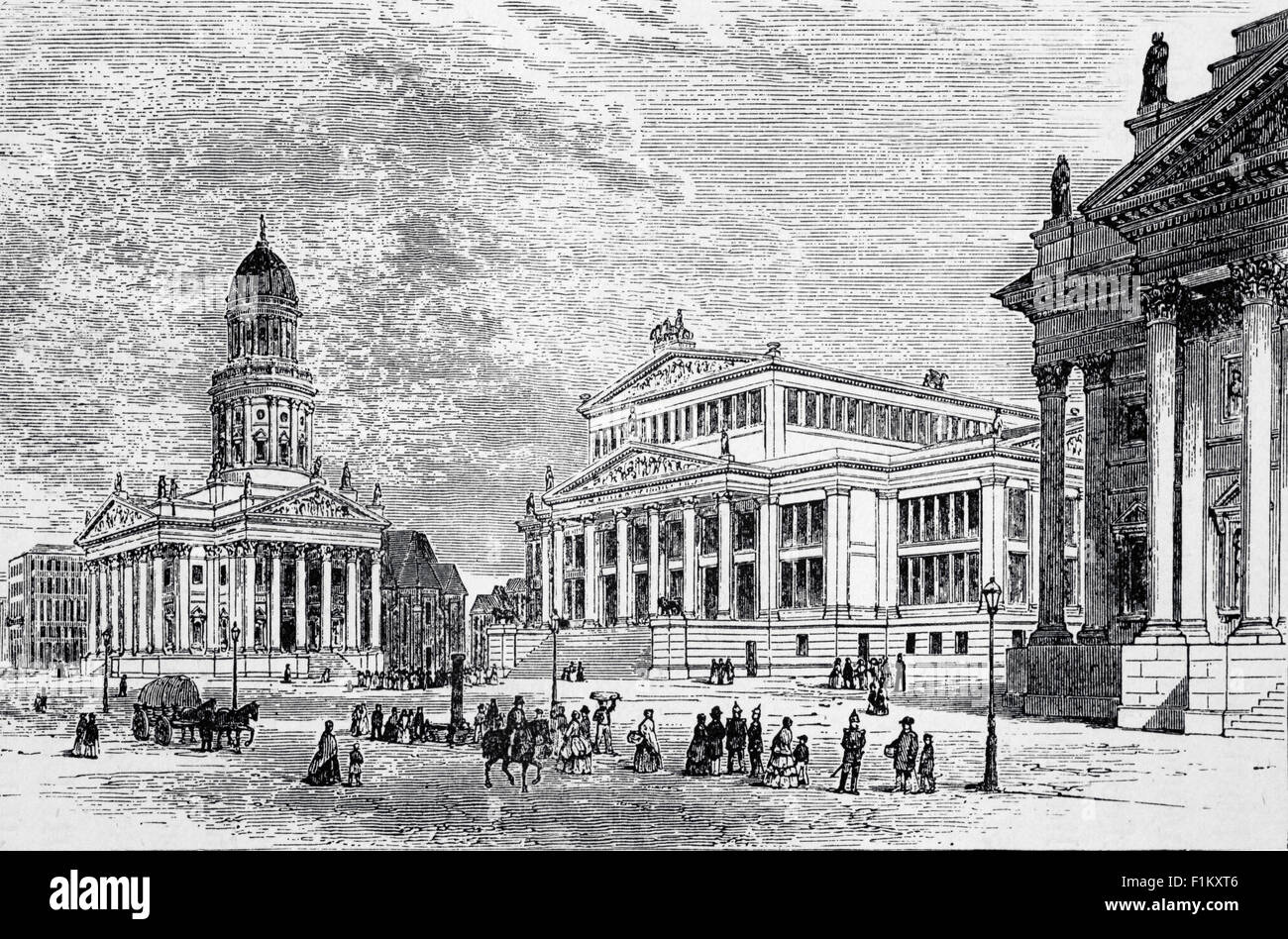 A 19th Century view of The New Church, Theatre Royal and (part of) The French Church, Unter den Linden, a boulevard in the central Mitte district of Berlin, the capital of Germany. Running from the City Palace to Brandenburg Gate, it is named after the linden (lime) trees that line the grassed pedestrian mall on the median and the two broad carriageways. Stock Photo