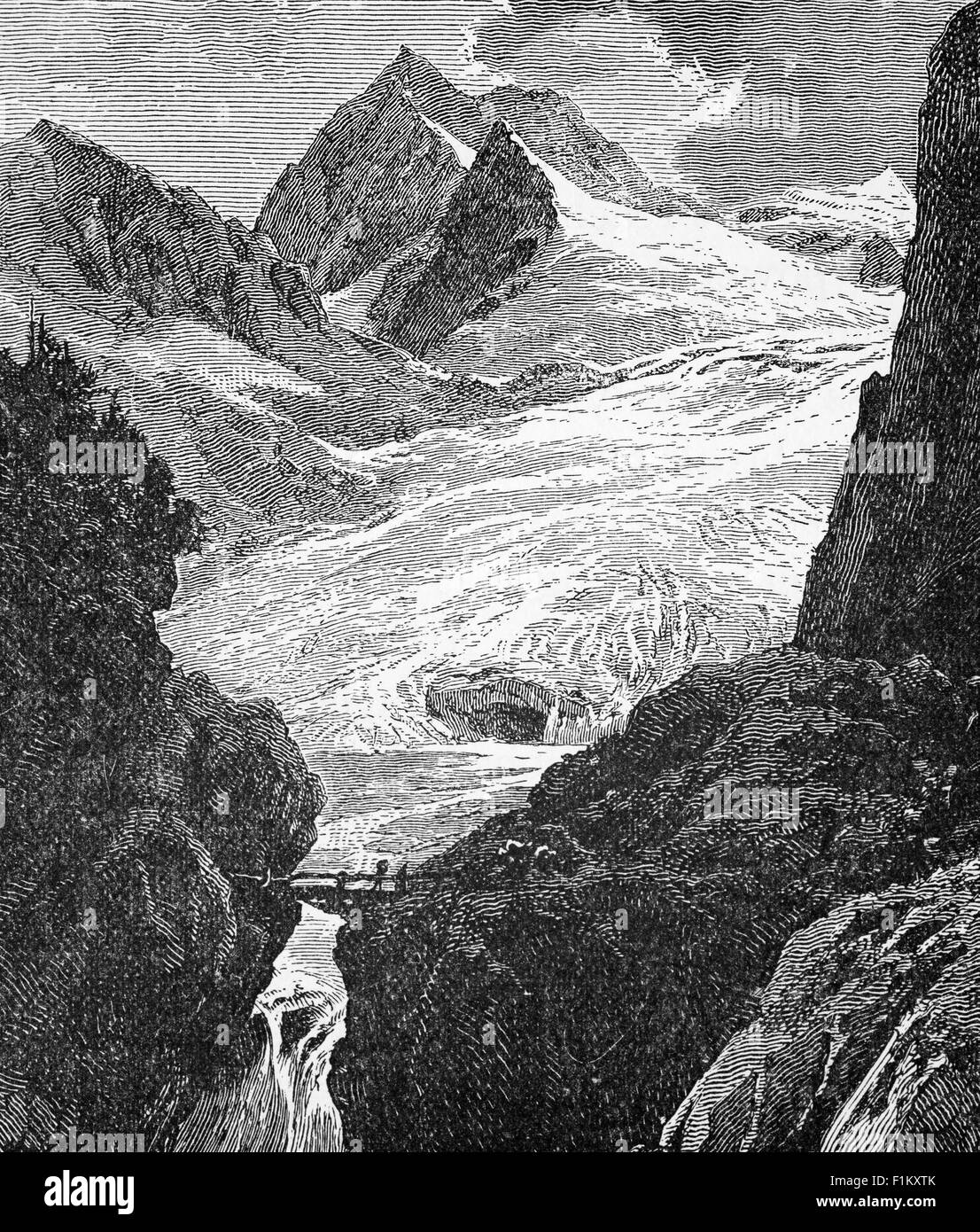 Distant mountaineers crossing a bridge, The Alps, Switzerland Stock Photo