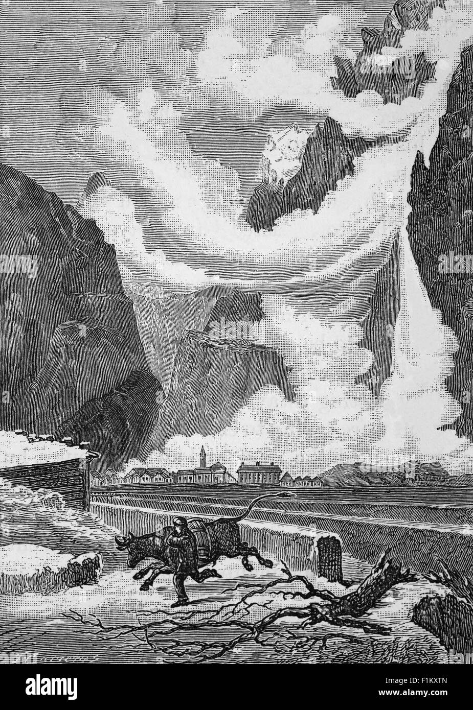 19th Century  illustration of an avalanche in the Alps, Switzerland Stock Photo