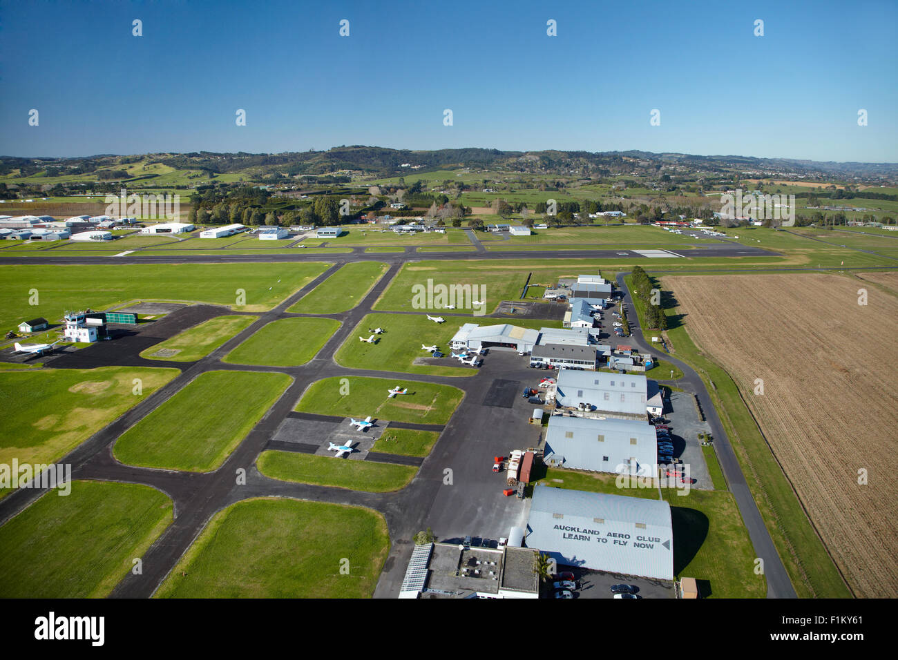 Ardmore Airport, South Auckland, North Island, New Zealand - aerial Stock Photo