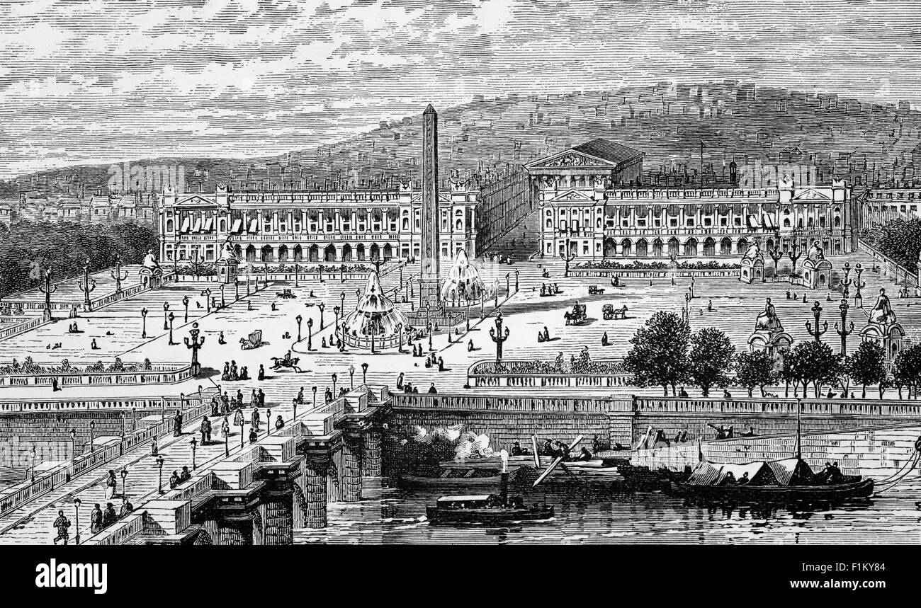 A 19th Century view of the River Seine, Place de la Concorde and Montmatre, From the Chamber of Deputies, Paris, France. The Place de la Concorde is the largest square in the French capital and located in the city's eighth arrondissement, at the eastern end of the Champs-Élysées. It was the site of many notable public executions, including the execution of King Louis XVI, during the French Revolution. Stock Photo