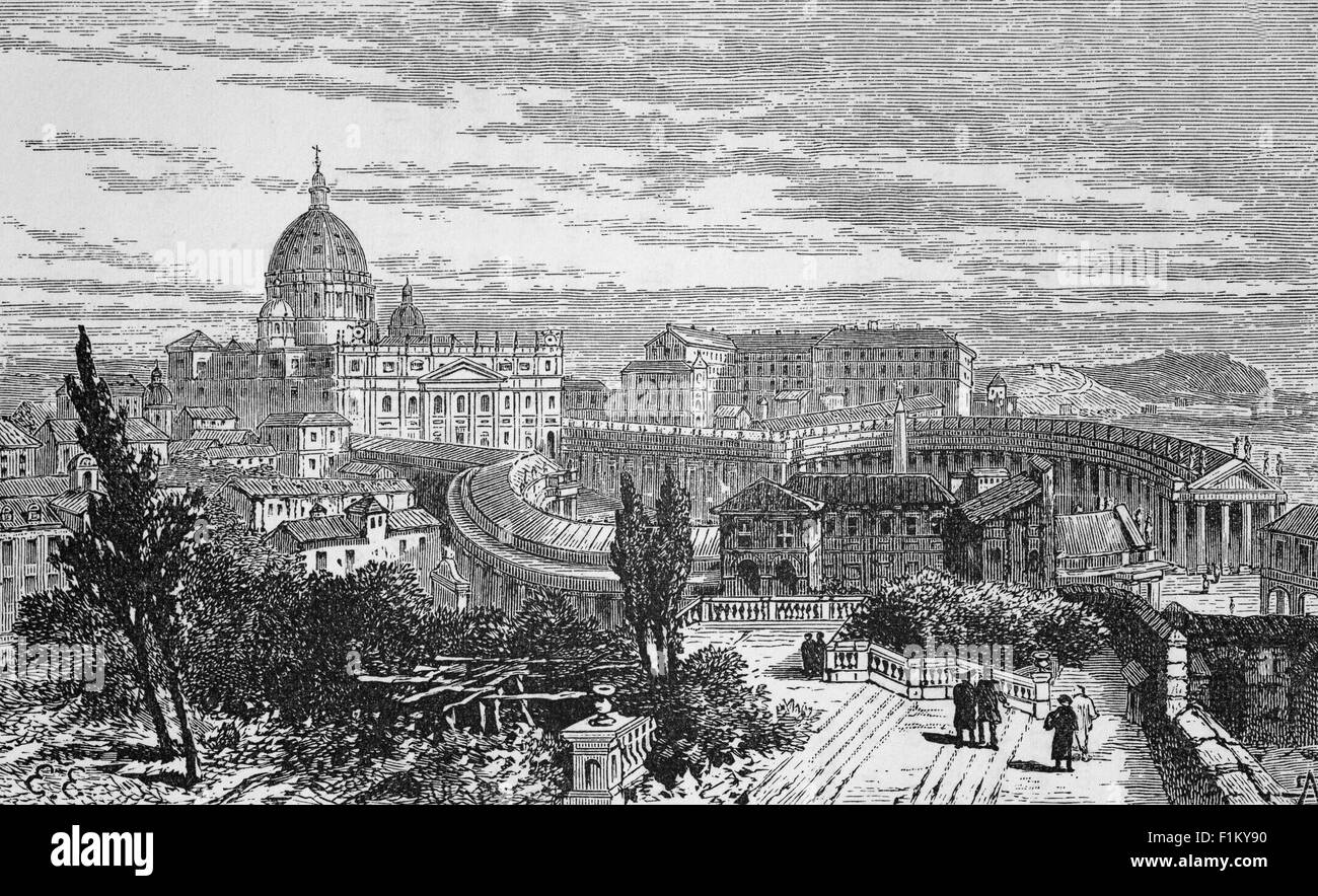 A 19th Century view of the Basilica of Saint Peter in the Vatican, a church built in the Renaissance style located in Vatican City, the papal enclave within the city of Rome, Italy. Catholic tradition holds that the basilica is the burial site of Saint Peter, chief among Jesus's apostles and also the first Bishop of Rome (Pope). The basilica is famous as a place of pilgrimage and for its liturgical functions. Stock Photo