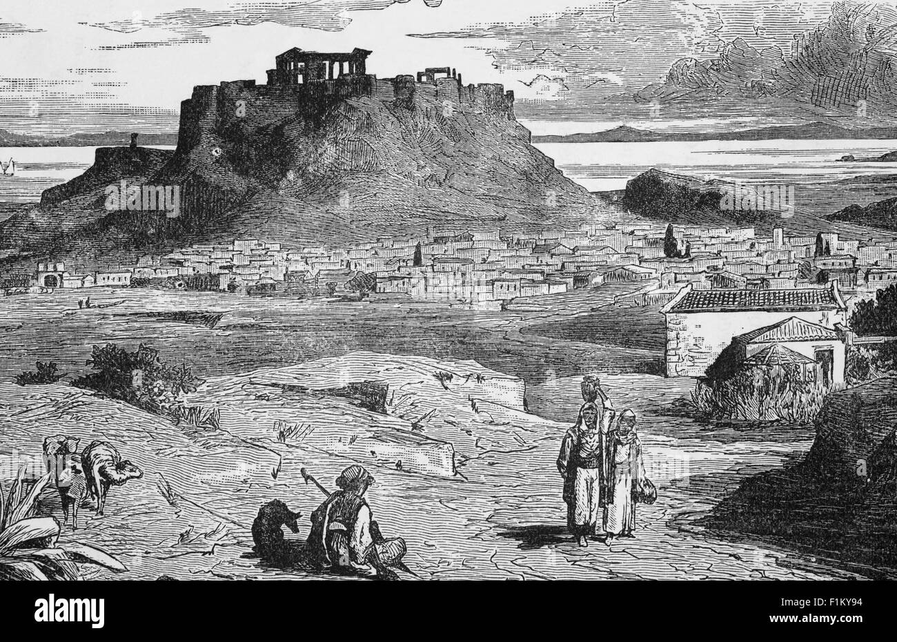 A 19th Century view of the Acropolis, an ancient citadel located on a rocky outcrop above the city of Athens and contains the remains of several ancient buildings of great architectural and historic significance, the most famous being the Parthenon. It was Pericles (c. 495–429 BC) in the fifth century BC who coordinated the construction of the site's most important present remains including the Parthenon, the Propylaea, the Erechtheion and the Temple of Athena Nike Stock Photo