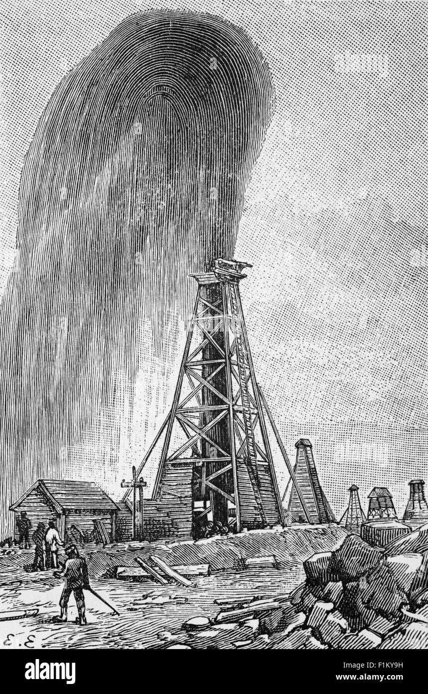 A 19th Century view of an oil strike at oil well in Baku, Azerbaijan. By 1901, half of the world's oil was produced from 1900 wells, located within 6 square miles. Most oil production came from oil gushers in the early days, although this was a very uneconomical and environmentally-harmful process. However, the share of blowout production in the total decreased as the equipment improved.  In 1898, the Russian oil industry produced more than the U.S. oil production level. Stock Photo