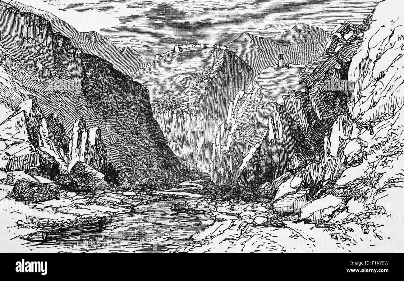 A 19th Century view of a British Fortress high above the, connecting Afghanistan and Pakistan, cutting through the northeastern part of the Spin Ghar mountains. An integral part of the ancient Silk Road, it is one of the oldest known passes in the world. Stock Photo