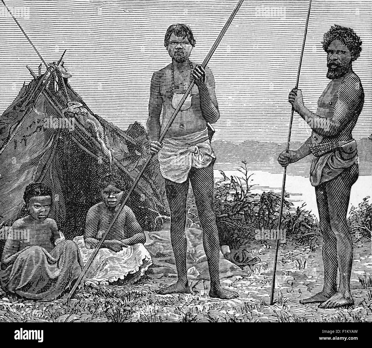 A 19th Century illustration of a native Aboriginal camp in Australia. Estimates of their numbers at the time that colonisation began in 1788 vary from 300,000 to a million and they were estimated to have lived in Australia over 65,000 years prior to British colonisation.The regions of heaviest Aboriginal population were the same temperate coastal regions that are currently the most heavily populated. Stock Photo