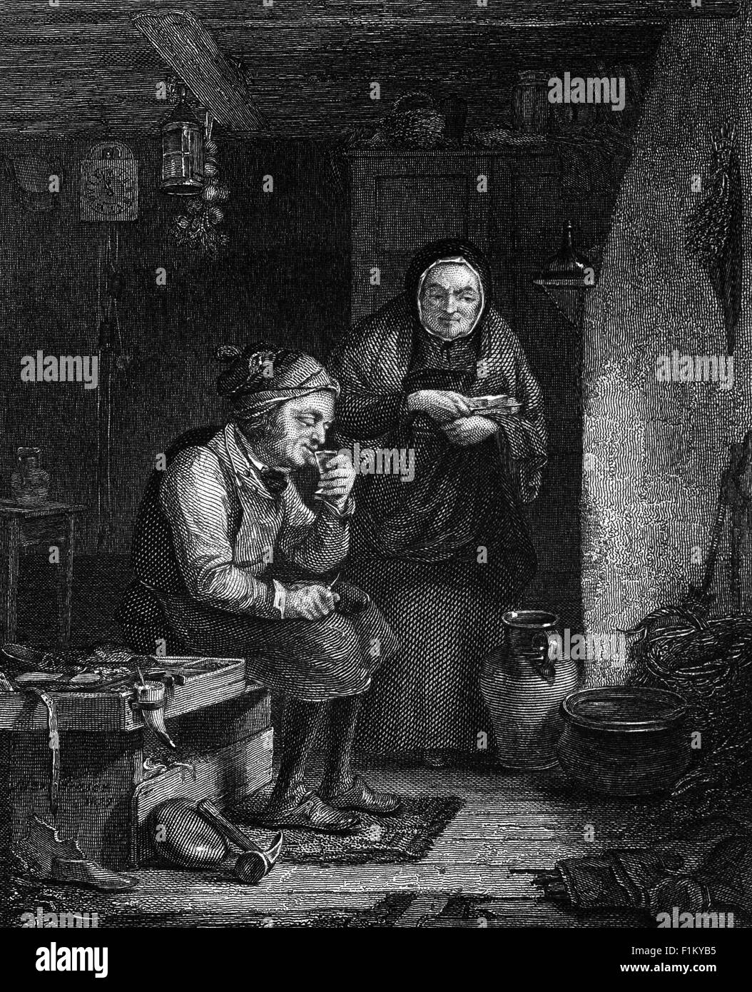 An Illustration of 'The Cobbler' from 'The Cobbler of Duddingstone' by Alexander Whitelaw, published in 1833. 'The Cobbler' is a salutary comedy about knowing who your friends are. The action takes place in various locations in the village, most of them gone now, except for the Sheep Heid Inn. Duddingston is in the east of Edinburgh, Scotland. Stock Photo