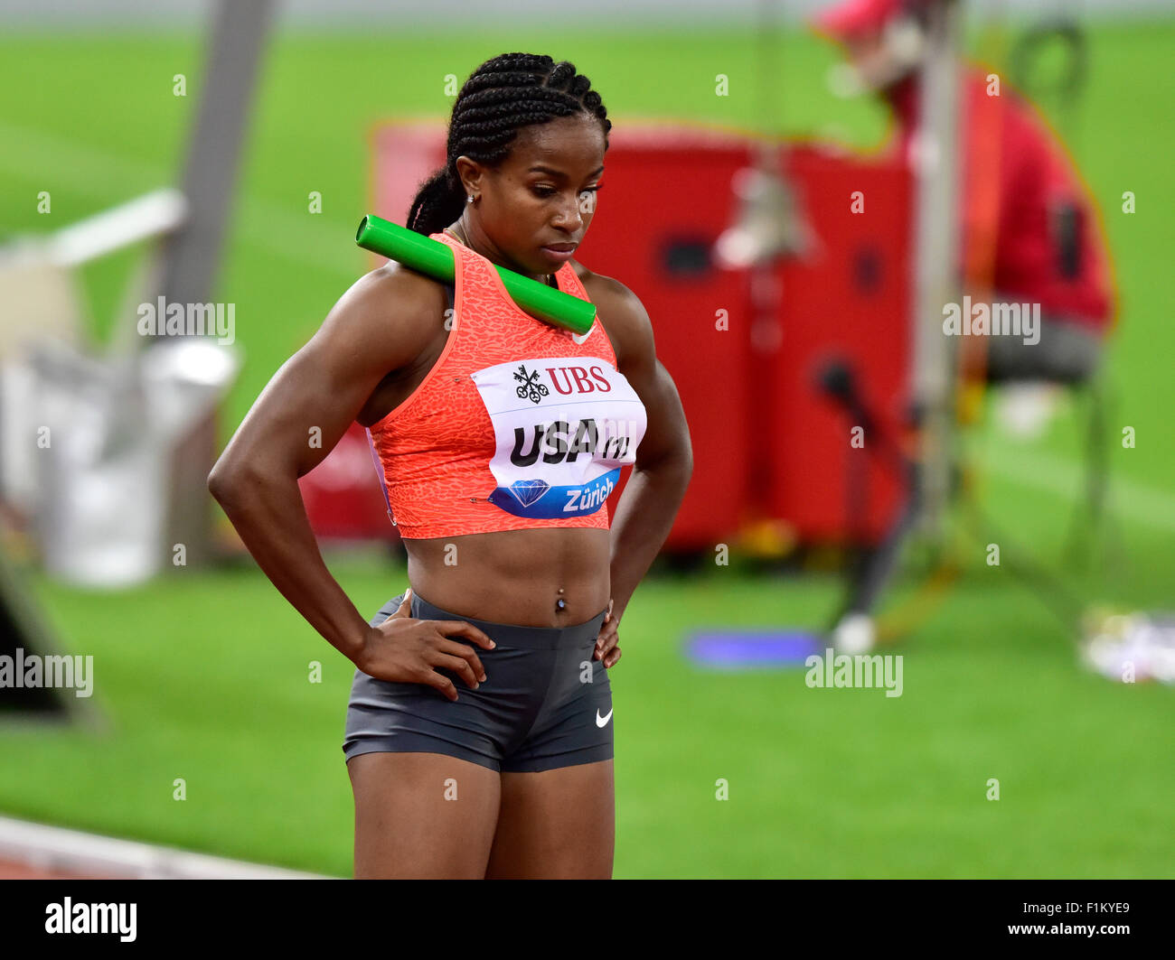 Zurich, Switzerland, 03rd Sep, 2015. Barbara Pierre, first runner of USA's 4x100m relay team and her baton before the start. Jamaica's relay team beat team USA at the 2015 IAAF Diamond League athletics meeting in Zurich. Credit:  Erik Tham/Alamy Live News Stock Photo