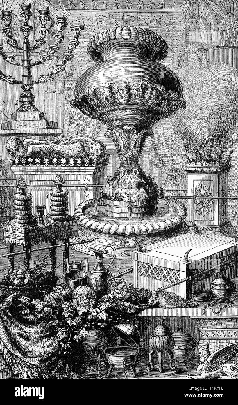 Appurtenances (or what belongs to) the Worship of the Israelites. 1. Goden Candlestick; 2. Bronze Basin; 3. Ark of the Covenant; 4. Alter of Incense; 5. Shewbread; 6. Alter of Burnt Offerings and 7. Vessels of Incense Stock Photo
