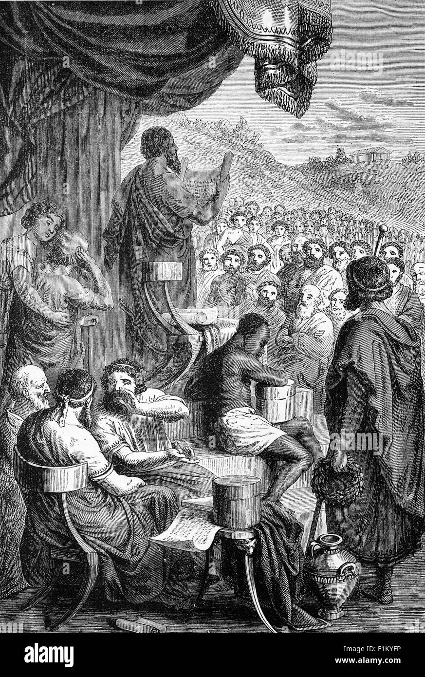 Herodotus, an ancient Greek historian Reading History at a Public Festival, He was born in Halicarnassus, Caria (modern day Bodrum, Turkey) and lived in the fifth century BC. Stock Photo