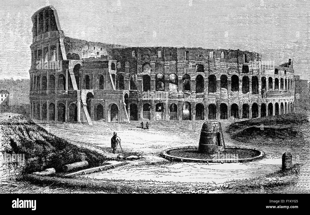 19th Century view of the ruins of the Colosseum, the largest ancient amphitheatre ever built. It was completed in AD 80 under his successor and heir, Titus (r. 79–81) and used for gladiatorial contests and public spectacles, animal hunts, executions, re-enactments of famous battles, and dramas based on Roman mythology. It is now substantially ruined because of earthquakes and stone-robbers (for spolia). Stock Photo