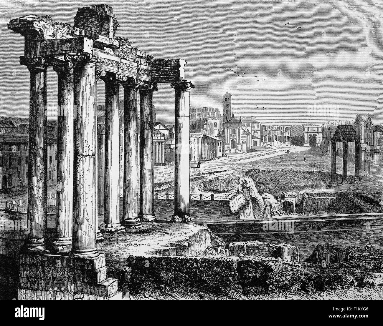 19th Century view of the ruins of the Forum,  a rectangular forum (plaza) was for centuries the center of day-to-day life in Rome, Italy; the site of triumphal processions and elections; the venue for public speeches, criminal trials, and gladiatorial matches; and the nucleus of commercial affairs. Here statues and monuments commemorated the city's great men. Stock Photo